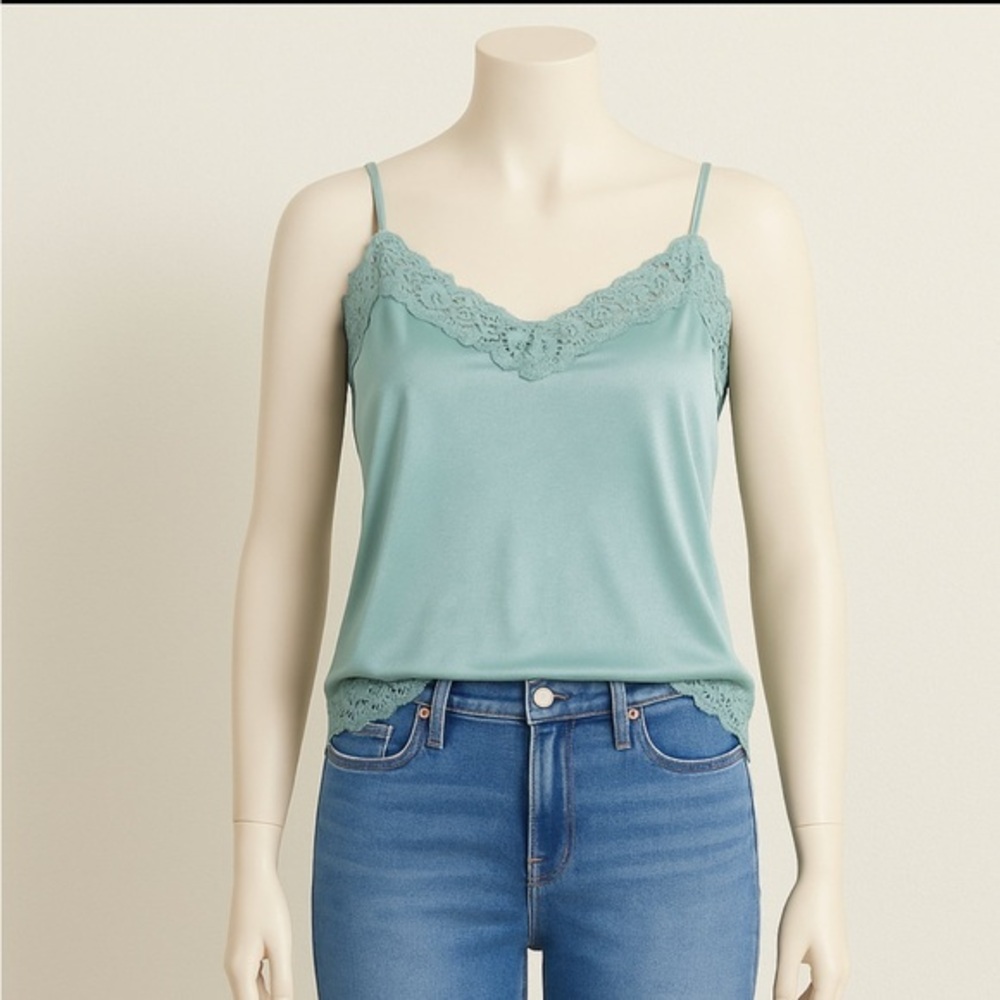 Worthington Petite Lace Trim Satin Camisole Tank XL Petite Blue Green